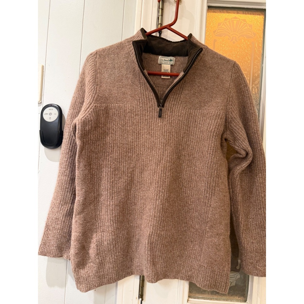 LL Bean Mens Merino Lambswool Quarter Zip Sweater Tan Brown Ribbed L 500040